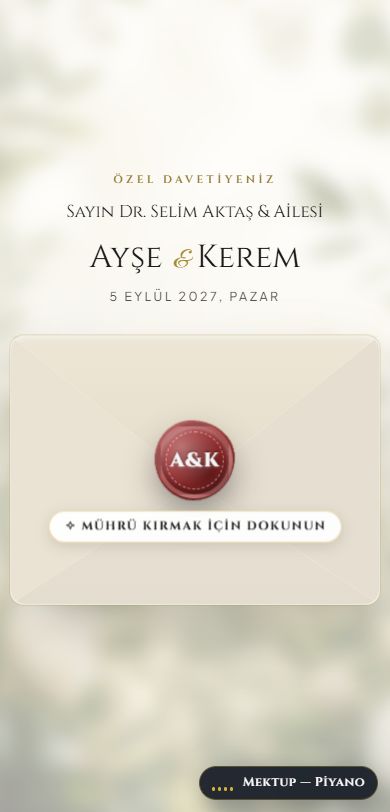 Telefonda kişiye özel davetiye: Sayın Dr. Selim Aktaş & Ailesi yazılı mühürlü zarf